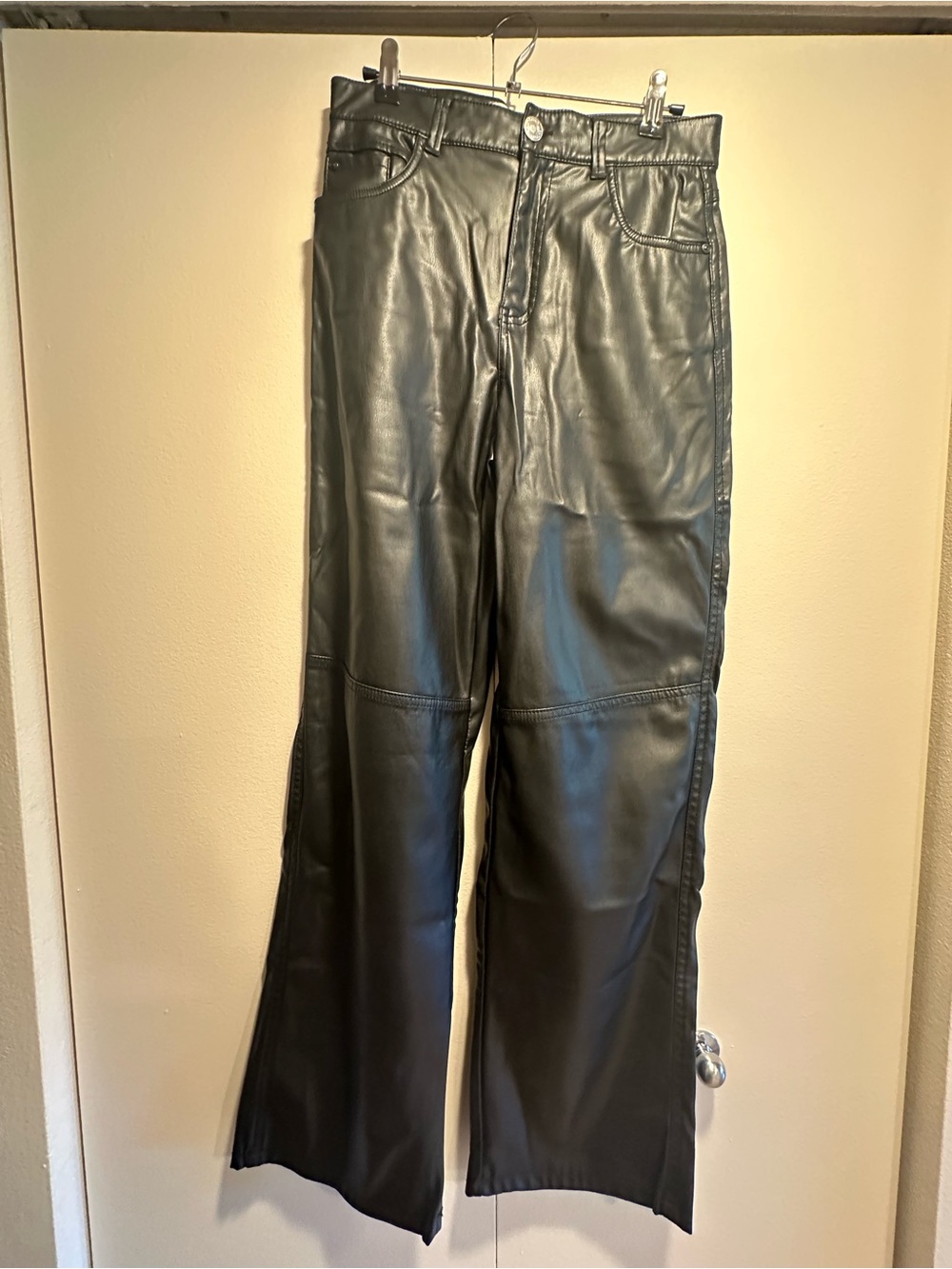 Bershka Black Faux Leather Wide-Leg Pants